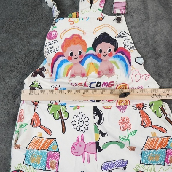 Shein Overalls Womens M Multicolor Kidcore Teacher‎ Doodle All Over Print - Picture 7 of 15